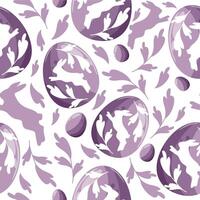 Easter seamless pattern with purple Easter eggs with a shadow of a rabbit jumping and a shadow of a rabbit and purple leaves arranged randomly vector