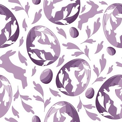Easter seamless pattern with purple Easter eggs with a shadow of a rabbit jumping and a shadow of a rabbit and purple leaves arranged randomly