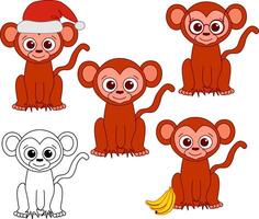 set with cute monkey with different accessories. animal collection in cartoon graphic line style. China new year vector