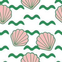 Seashells, Ocean Waves, Summer Pattern, Beach Design, Pink Shells, Green Water, Coastal Vibe, Nautica vector