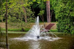 Water fountain creates a mesmerizing display in a tranquil park during springtime photo