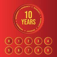 10 years circle warranty label icon badge design with red background customized vector