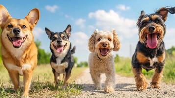 A Pack of Playful Pups Frolicking in the Verdant Outdoors,Capturing the Joyful Spirit of Canine Companionship photo