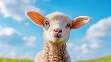 Adorable Lamb in Pastoral Meadow with Fluffy Wool and Curious Expression photo