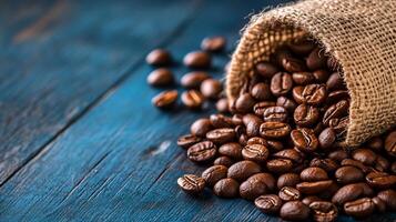 Aromatic Roasted Coffee Beans Spilled from Burlap Sack on Wooden Background photo