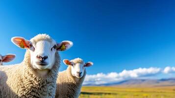 Adorable Sheep Grazing in Idyllic Countryside Landscape with Blue Sky and Fluffy Clouds photo