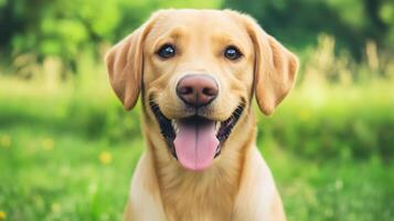 Joyful Golden Retriever Dog Smiling in Lush Green Meadow Under Sunshine photo