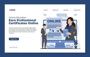 Landing page template online education virtual classes professional certification online library digital book concept set vector