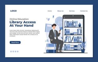 landing page template of online library. Man sitting on bookshelves and using smartphone. vector