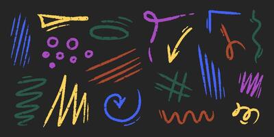 Chalk color hand drawn arrow, marker lines, underlines, crayon brush scribbles, grunge texture, zig zag doodle sketch elements. vector