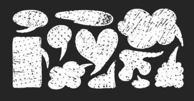 Chalk speech bubble set. Crayon dialogue cloud frame by pencil. Talk cute charcoal box. Doodle illustration on black background vector