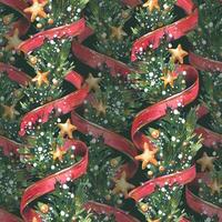 Garland decoration Christmas, New Year with green branches of a fir tree, red twisting ribbons, golden stars and snow. Watercolor illustration hand-drawn. Seamless pattern on a dark background vector