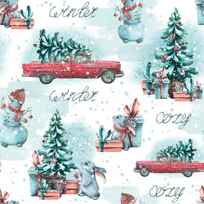 A red retro car with a Christmas tree on the roof with snowmen, hares and gifts. Watercolor illustration. Seamless pattern on a white background from a set of COZY WINTER. For New Year and Christmas.