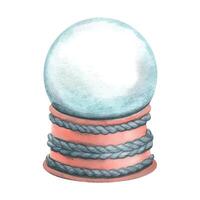 A snow glass ball on a coral-colored stand with knitted gray elements. Watercolor illustration. An isolated object from a large set of COZY WINTER. For decoration, design and winter compositions. vector