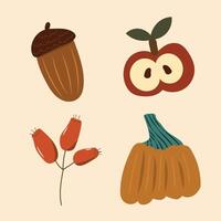 Happy Thanksgiving cozy illustration with acorn, pumpkin, berries and apple. vector