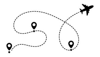 Plane route with dashed line. Trajectory of aeroplane flight. Route icon. Map location pointer. Location, pin, gps, road maps. vector