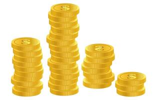 4 stacks of shiny gold coins with dollar signs embossed on them. Financial success, savings, investment growth, and wealth accumulation. vector
