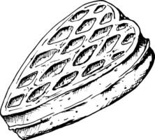 Black and white illustration of a heart-shaped waffle, drawn in a detailed sketch style. Ideal for bakery branding, menu design, International Waffle Day or Valentine s Day themes, cards, labels vector
