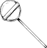 Black and white illustration of a round candy on a stick, drawn in a minimalist sketch style. Perfect for confectionery, menu design, bakery branding or holiday decorations. Great for cards and labels vector