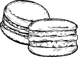 Black and white illustration of two macarons, drawn in a detailed sketch style. Ideal for confectionery, bakery branding, menu design, Valentine s Day or festive decorations. Perfect for cards, labels vector