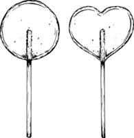 Black and white illustration of two clear sugar lollipops, one round and one heart-shaped, drawn in a sketch style. Perfect for confectionery, bakery branding, Valentine s Day or holiday decorations. vector