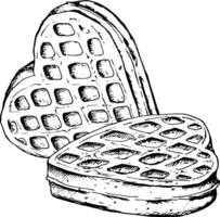 Black and white illustration of two heart-shaped waffles, drawn in a detailed sketch style. Perfect for bakery branding, Valentine s Day, International Waffle Day or menu designs, cards and labels vector