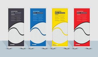 Modern abstract yellow, red, dark, blue roll up banner template design vector