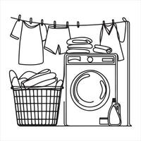An illustration of a laundry basket ontinuous line drawing with black lines silhouette on white background vector