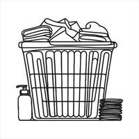 An illustration of a laundry basket ontinuous line drawing with black lines black silhouette on white background vector