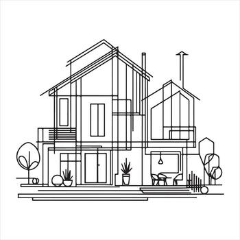 The modern illustration of an abstract house in continuous line drawing style silhouette on white background vector