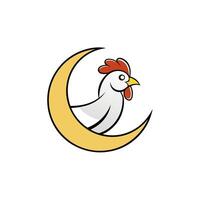 Unique chicken logo combining a crescent moon and poultry icon in a creative design. vector