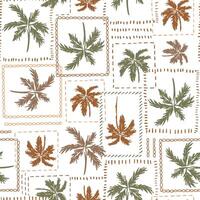 Geometric tropical palm tree seamless pattern. Hand drawn green and brown coconut in the frame. Summer vacation beach print. Safari jungle textile design, botanical wallpaper, repeat background vector