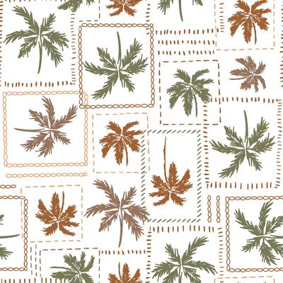 Geometric tropical palm tree seamless pattern. Hand drawn green and brown coconut in the frame. Summer vacation beach print. Safari jungle textile design, botanical wallpaper, repeat background