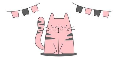 Minimalist Hand Drawn Cat with Party Flags. vector