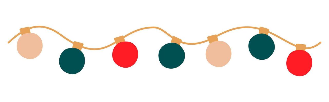 Christmas lights wavy garland with colored circle bulbs. Xmas festive string decoration with hanging retro lightbulb. Glowing lamps for holiday cards, banners, posters, web. illustration.