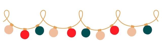 Christmas lights garland with circle colored bulbs. Xmas festive string decoration with hanging retro ball. Glowing string with lamps for holiday cards, banners, posters, web. illustration. vector