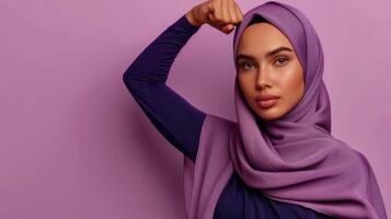 Accelerate Action banner with Muslim woman in hijab, copy space. Minimalist violet backdrop for International Womens Day 2025 with hand pose of strenght. AccelerateAction background empty text place. photo