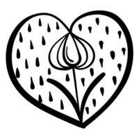 Outline heart with fantasy patterns, coloring page with a flower under raindrops vector