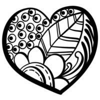 Outline heart with fantasy patterns, coloring page with flower and seeds vector