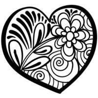 Outline heart with fantasy patterns, coloring page with flower, spirals and swirls vector