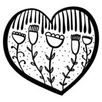 Outline heart with fantasy patterns, coloring page with a row of doodle flowers vector