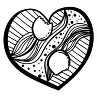 Outline heart with fantasy patterns, coloring page with tulips and stripes vector