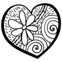 Outline heart with fantasy patterns, coloring page with daisy, spirals and shading vector