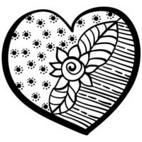 Outline heart with fantasy patterns, coloring page with flower, spots and stripes vector