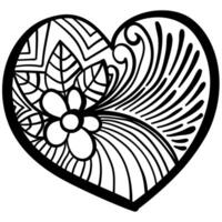 Outline heart with fantasy patterns, coloring page with flower, bunch of leaves and swirl vector