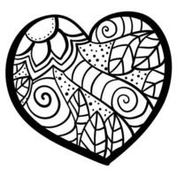 Outline heart with fantasy patterns, coloring page with flowers and striped spirals vector