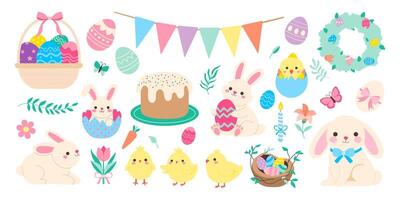 A collection of Easter themed images including a bunny, a cake, and a basket of eggs vector