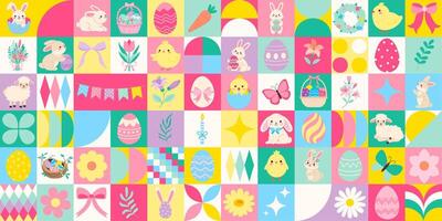 A colorful Easter collage with many different Easter themed images. The collage is made up of many different shapes and colors, and it has a playful and cheerful mood vector