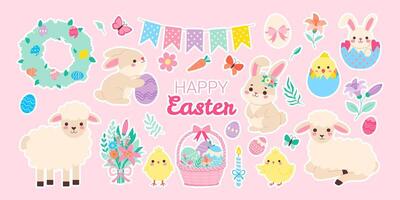 A collection of Easter-themed stickers featuring animals and eggs. The stickers are arranged in a row on a pink background vector