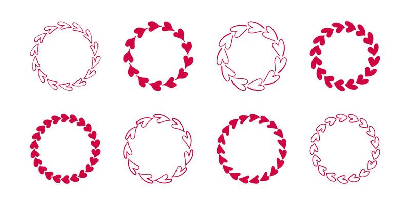 Romantic round hand drawn frames with hearts set. Collection of classic pink red circle doodle textboxes Valentine's day for decorating greeting cards, wedding invitations. Empty borders fot text.